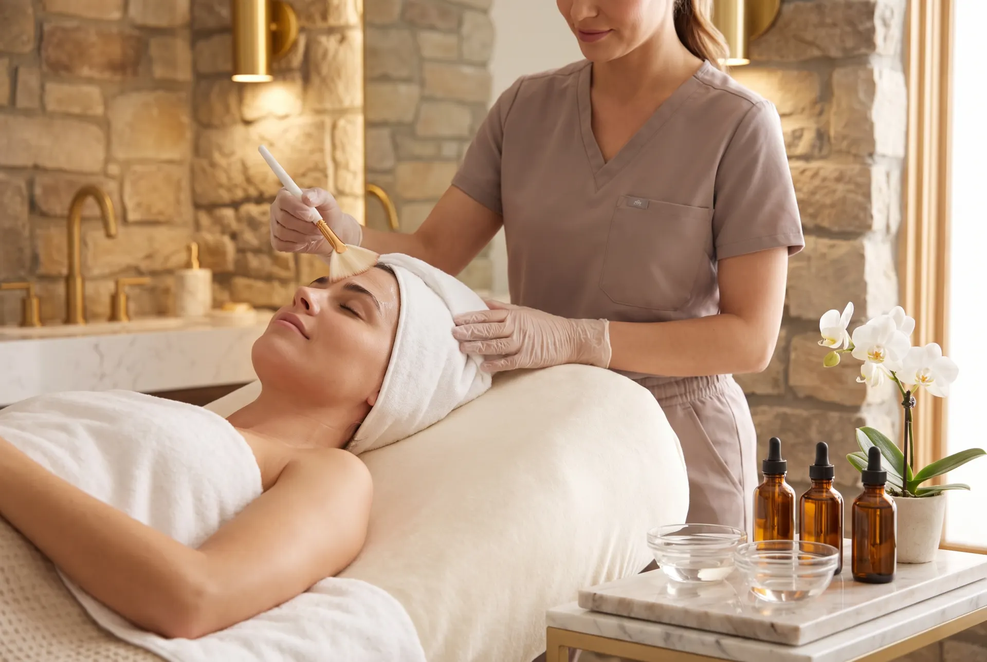 Esthetician applying facial treatment to relaxed client in luxury spa setting with stone walls, gold fixtures, white orchid