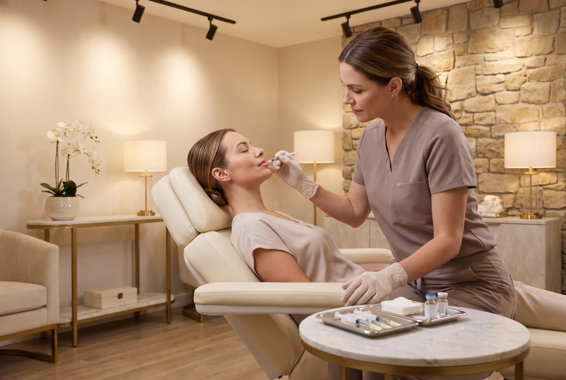 Professional aesthetician applying injectable treatment to female client's face in luxury medical spa setting