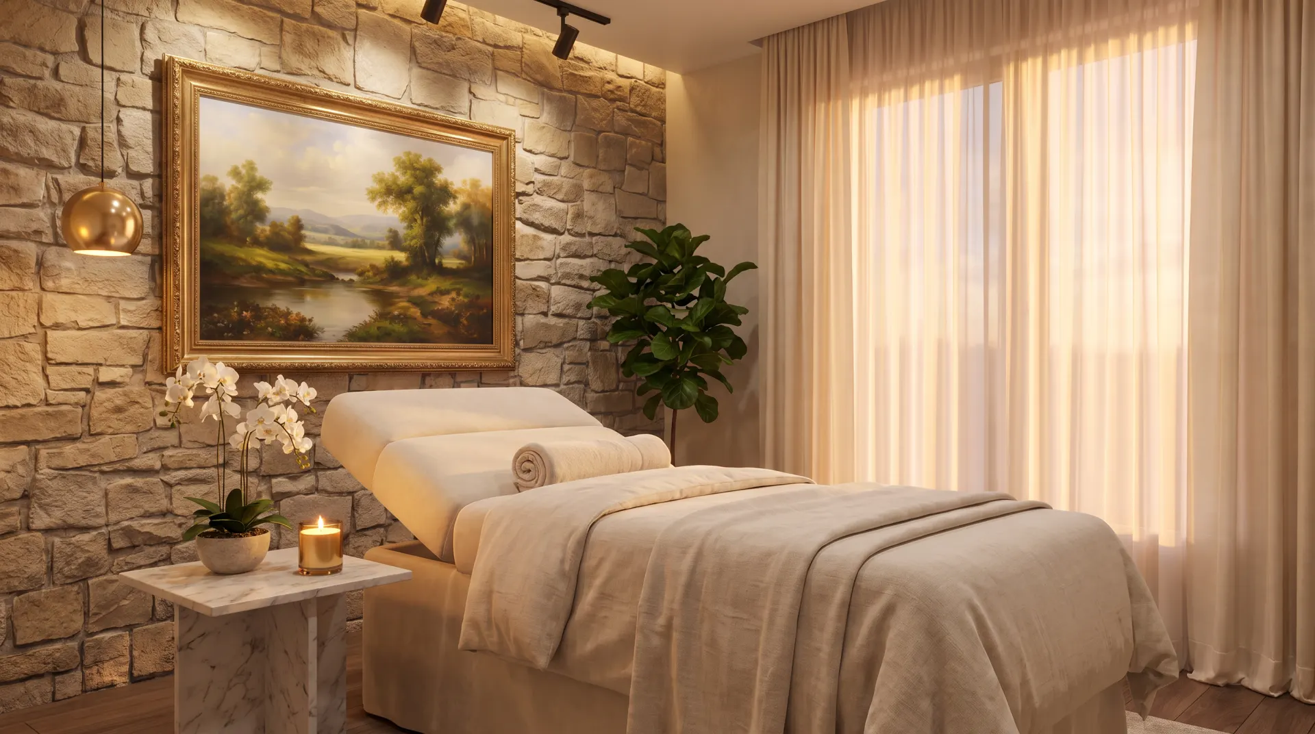Luxurious spa treatment room with massage bed, stone brick accent wall, framed landscape painting, potted orchid