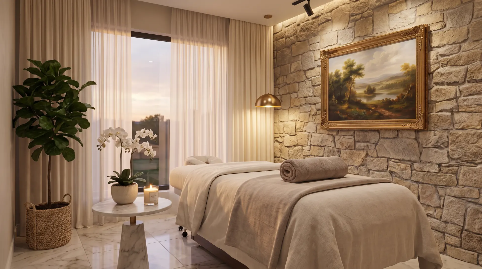 Luxury spa bedroom with stone accent wall, massage bed with neutral linens, potted orchid, sheer curtains