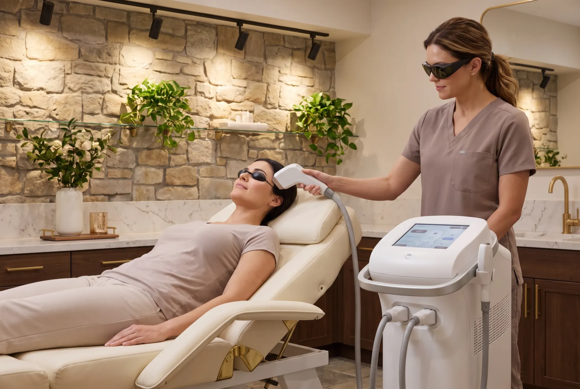 Woman receiving laser facial treatment in modern med-spa clinic, technician applying eye protection