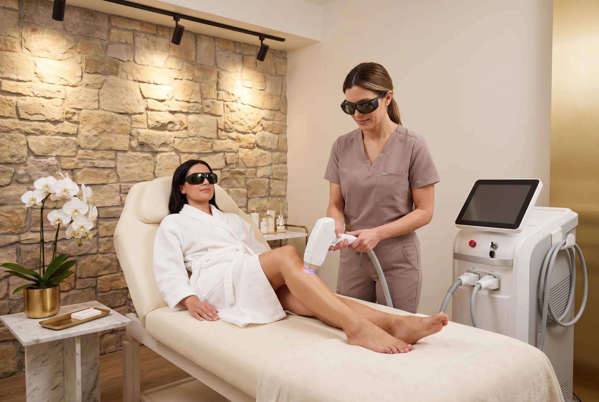 Woman receiving laser hair removal treatment on legs in modern spa clinic, aesthetician in taupe scrubs operating device