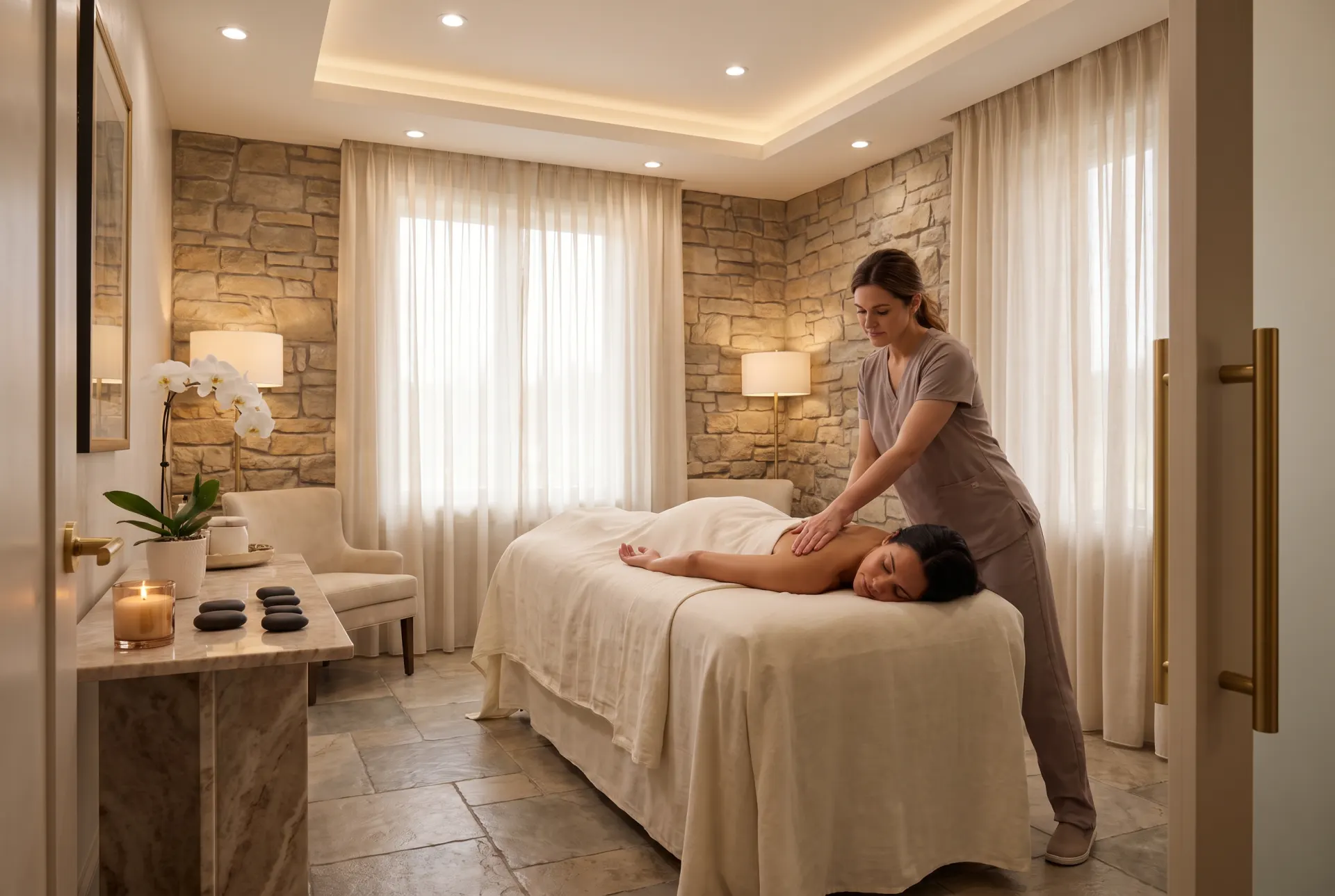 Luxury spa treatment room with massage therapist performing back massage on client, stone accent walls, cream curtains
