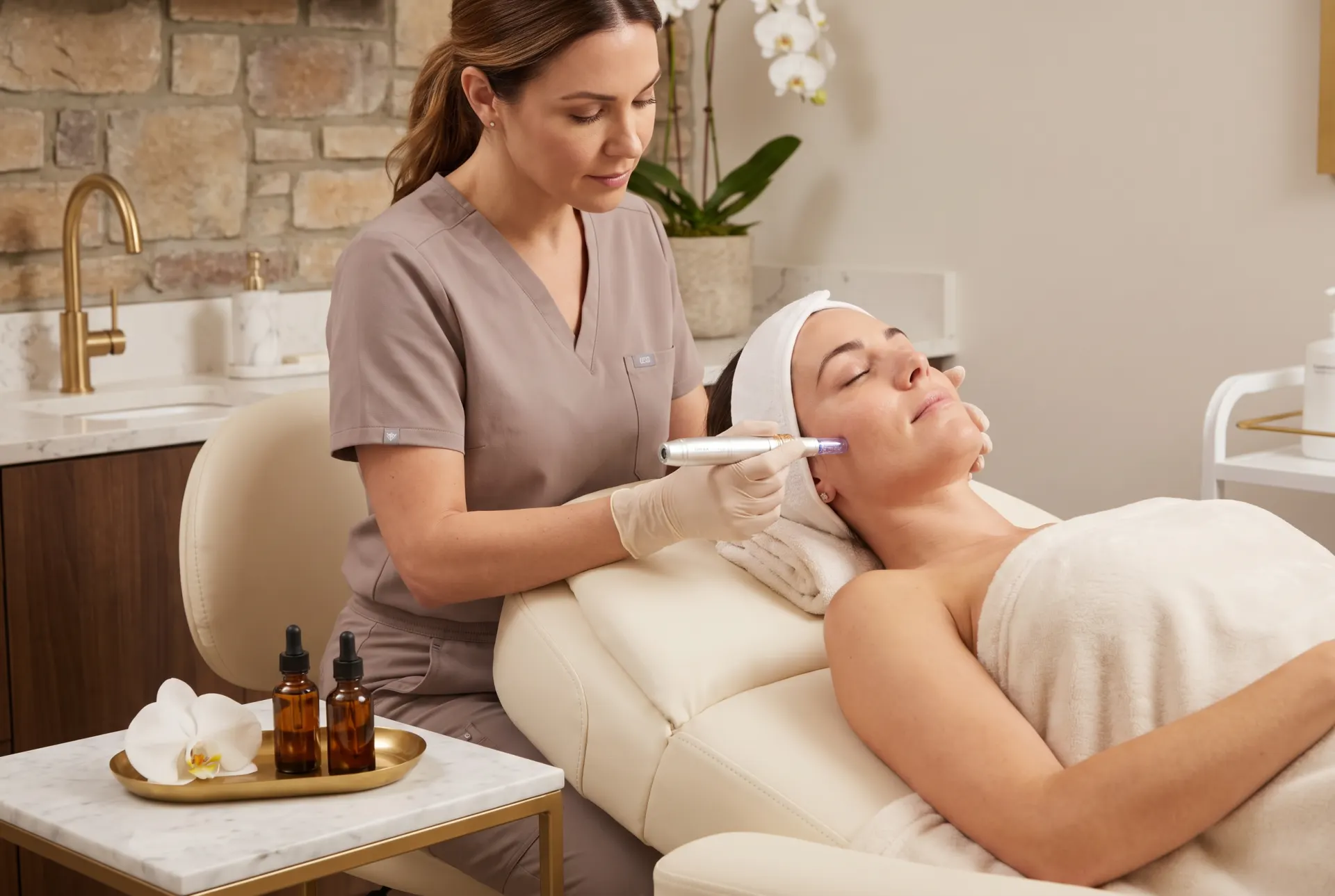 Woman receiving professional facial treatment from esthetician in luxury spa setting, warm neutral tones