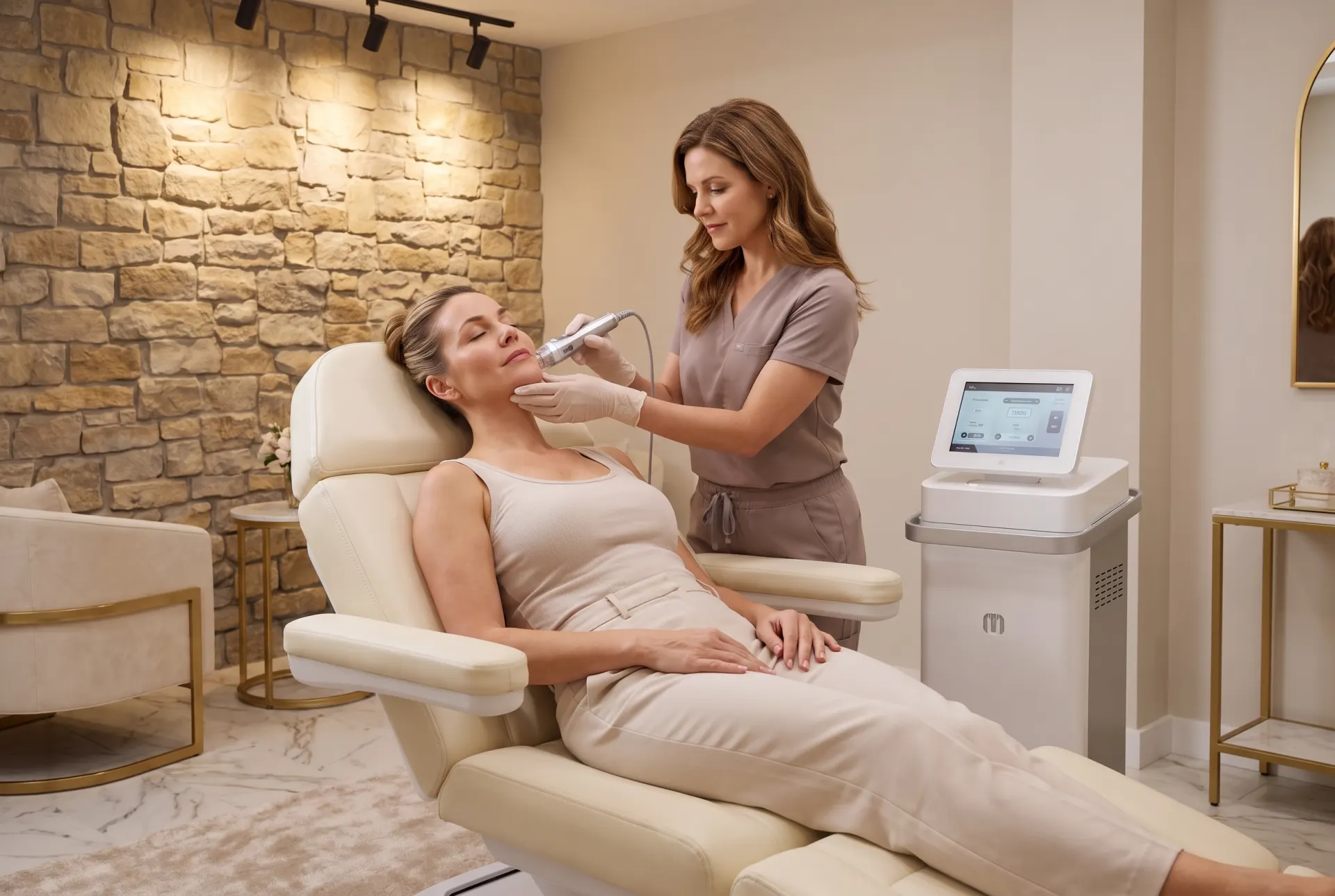 Woman receiving non-invasive facial treatment from aesthetician in modern luxury clinic with exposed brick wall
