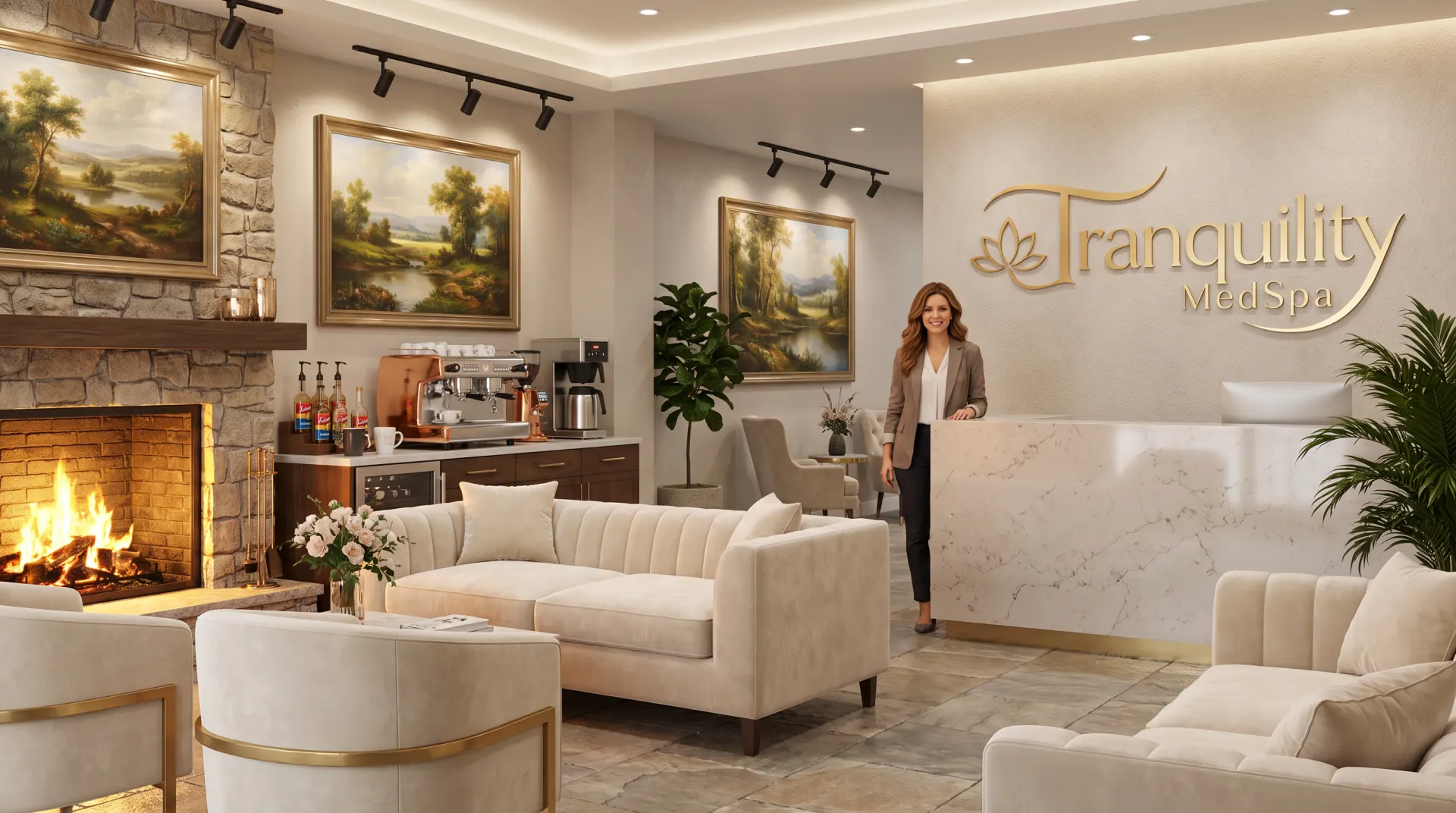 Luxury medical spa reception area with cream upholstered seating, marble check-in desk, fireplace, framed landscape artwork
