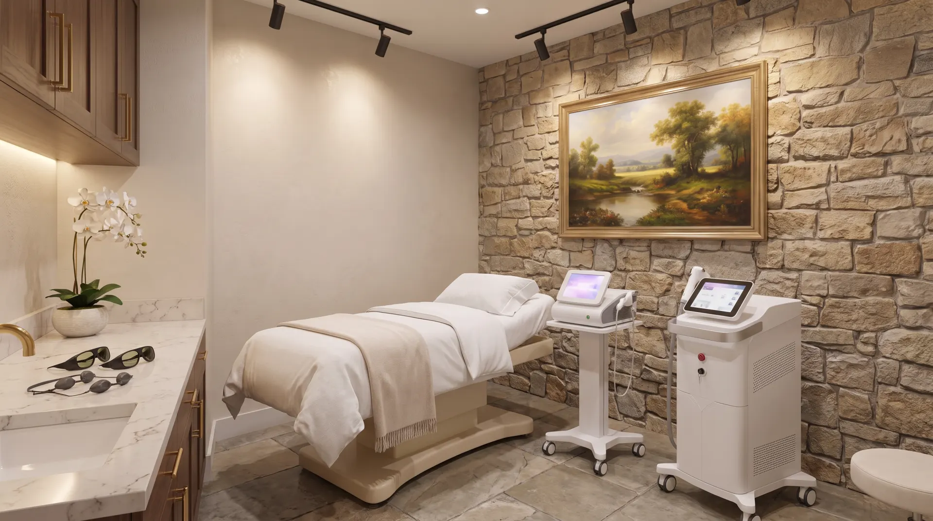 Luxury medical spa treatment room with cream bed, stone accent wall, framed landscape art