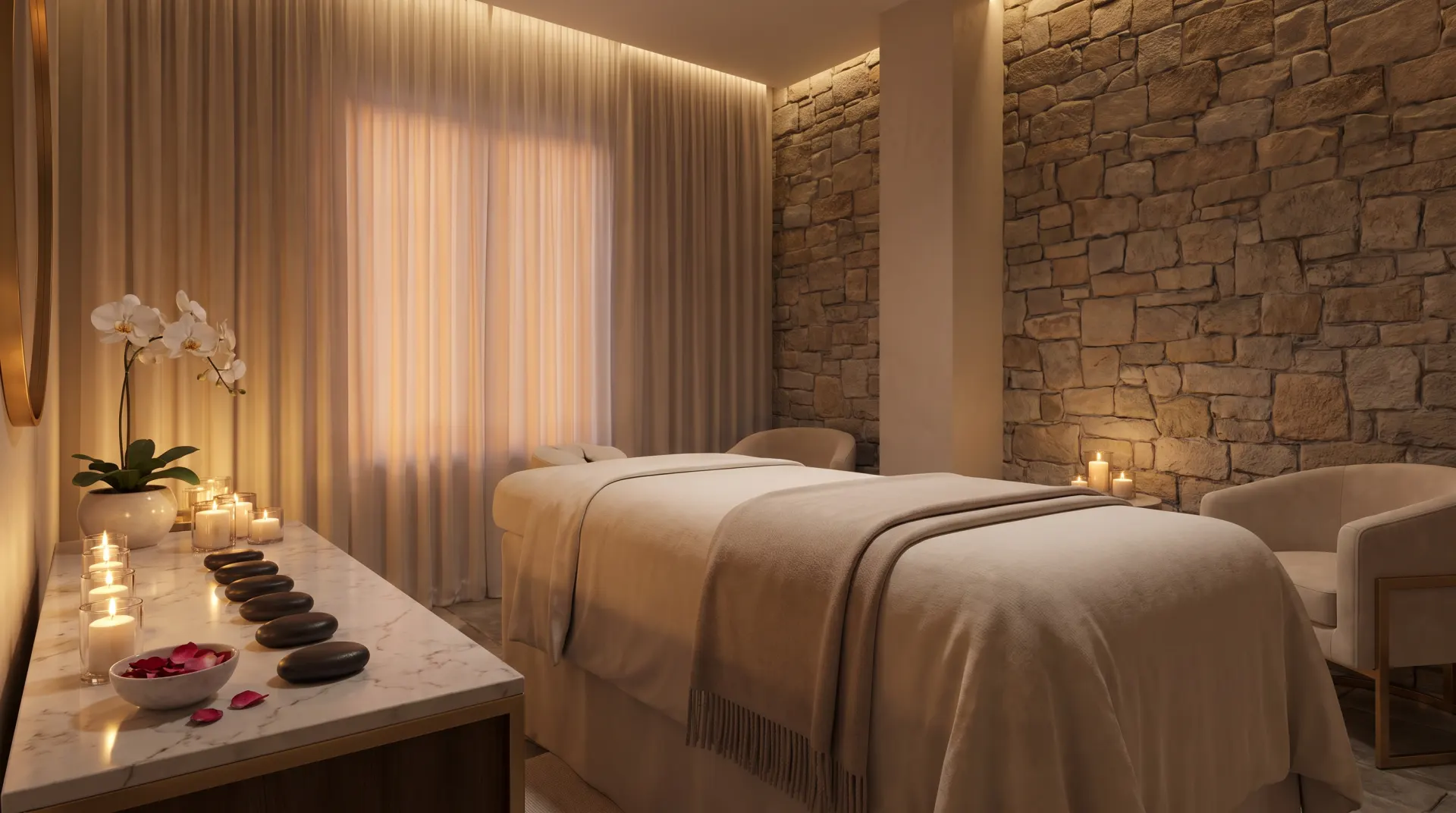 High-end spa treatment room with two massage beds, white orchid plant, candles, rose petals, and hot stones on marble table