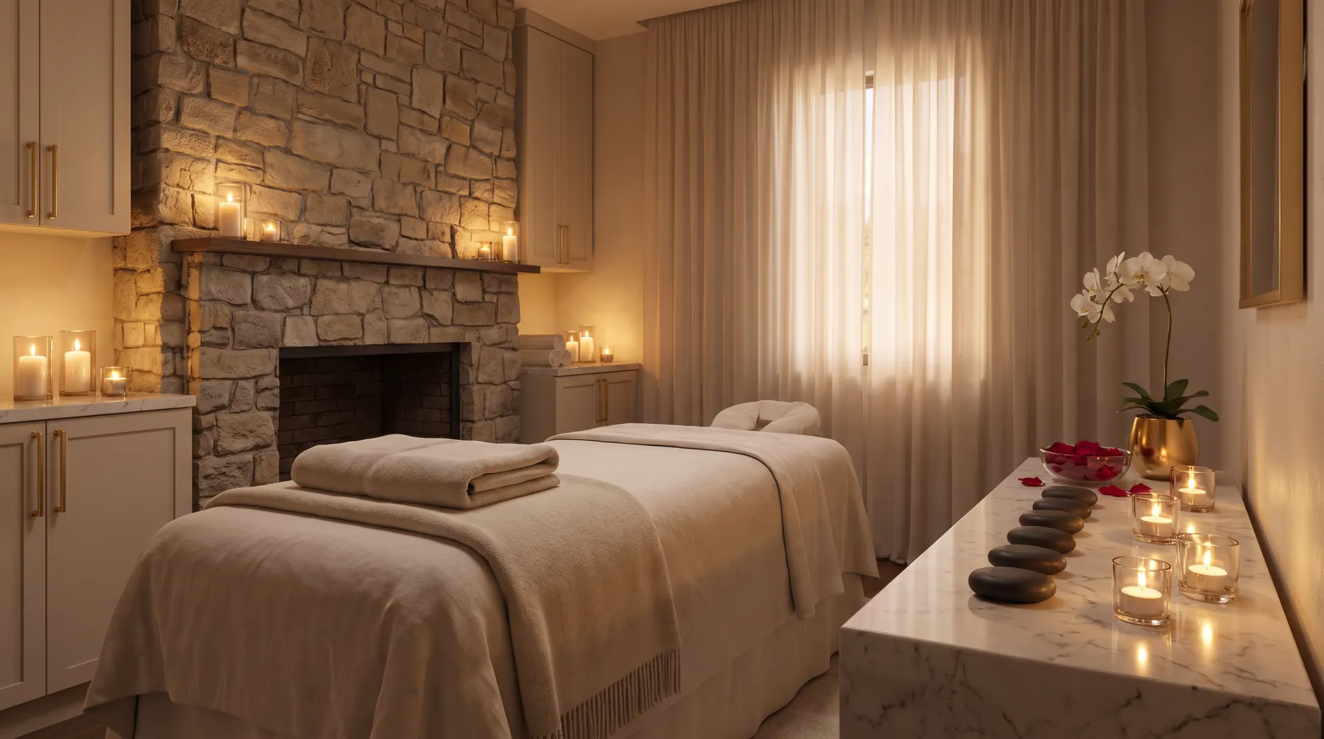 Upscale spa treatment room with two massage beds draped in beige linens, stone fireplace with candlelit mantle